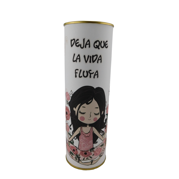 Abanico con la frase "Deja que la vida fluya" en lata