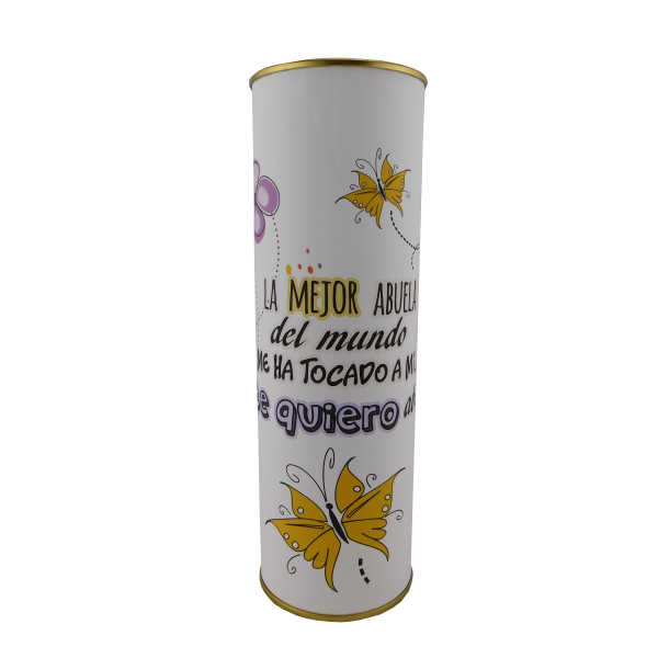 Abanico regalo con la frase "LA MEJOR ABUELA del mundo ME HA TOCADO A MÍ..te quiero abuela" en lata