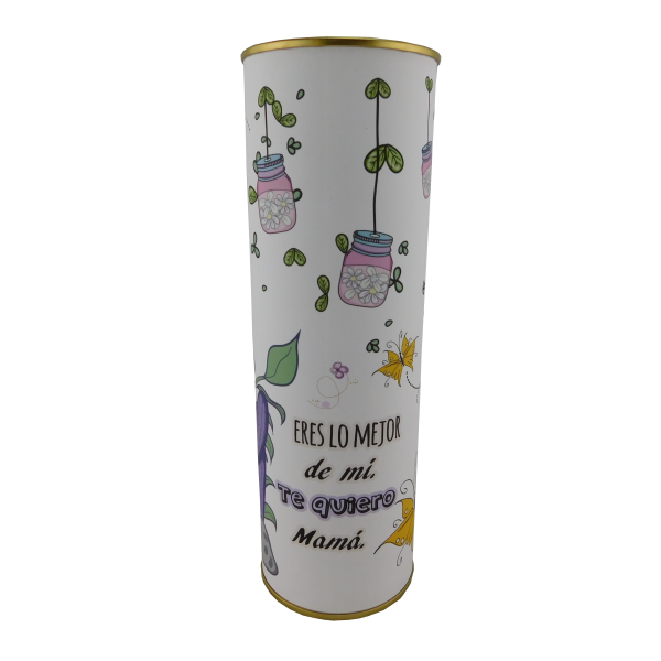 Abanico regalo con la frase "Eres lo mejor de mí, Te quiero Mamá" en lata