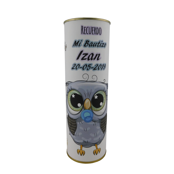 Abanico bautizo niño buho modelo 724 en lata