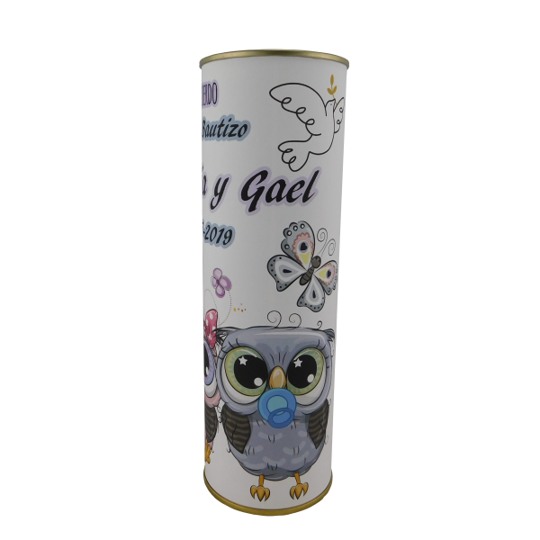 Abanico bautizo buha y buho modelo 725 en lata