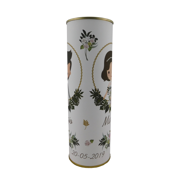 Abanico Boda flores rosas y novios en lata