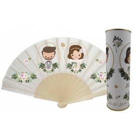 Abanico Boda flores rosas y novios en lata 2