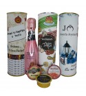 Lata con vino espumoso rosado con queso de torta, crema de jamón curado y paté Pedro Ximénez
