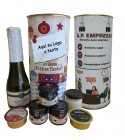 Lote de botella de cava, queso de torta, 3 mermeladas, tarrina Pedro Ximenez y crema de jamón en lata PERSONALIZADA