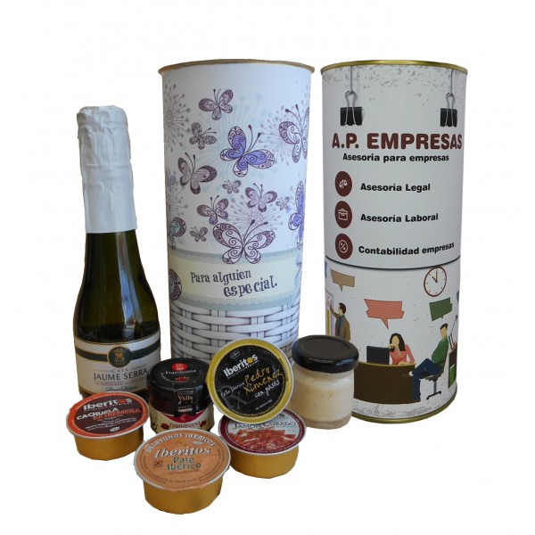 Lote de botella de cava, queso de torta, mermelada, 3 pates y crema de jamón en lata PERSONALIZADA