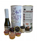 Lote de botella de cava, queso de torta, mermelada, 3 pates y crema de jamón en lata PERSONALIZADA