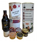 Lote de botella de ceveza artesada, miel, 3 pates y crema de jamón en lata PERSONALIZADA