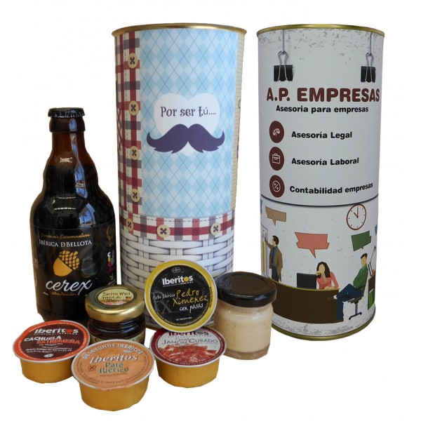 Lote de botella de cerveza artesana con miel, queso de torta, jamon curado y 3 tarrinas de pate en lata PERSONALIZADA