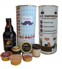 Lote de botella de cerveza artesana con miel, queso de torta, jamon curado y 3 tarrinas de pate en lata PERSONALIZADA