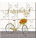 Puzzle bicicleta verde con la frase "Felicidades" en lata